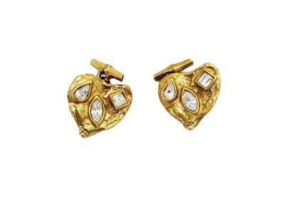 YSL, Gemelli in ottone dorato a forma di cuore con strass incolore
