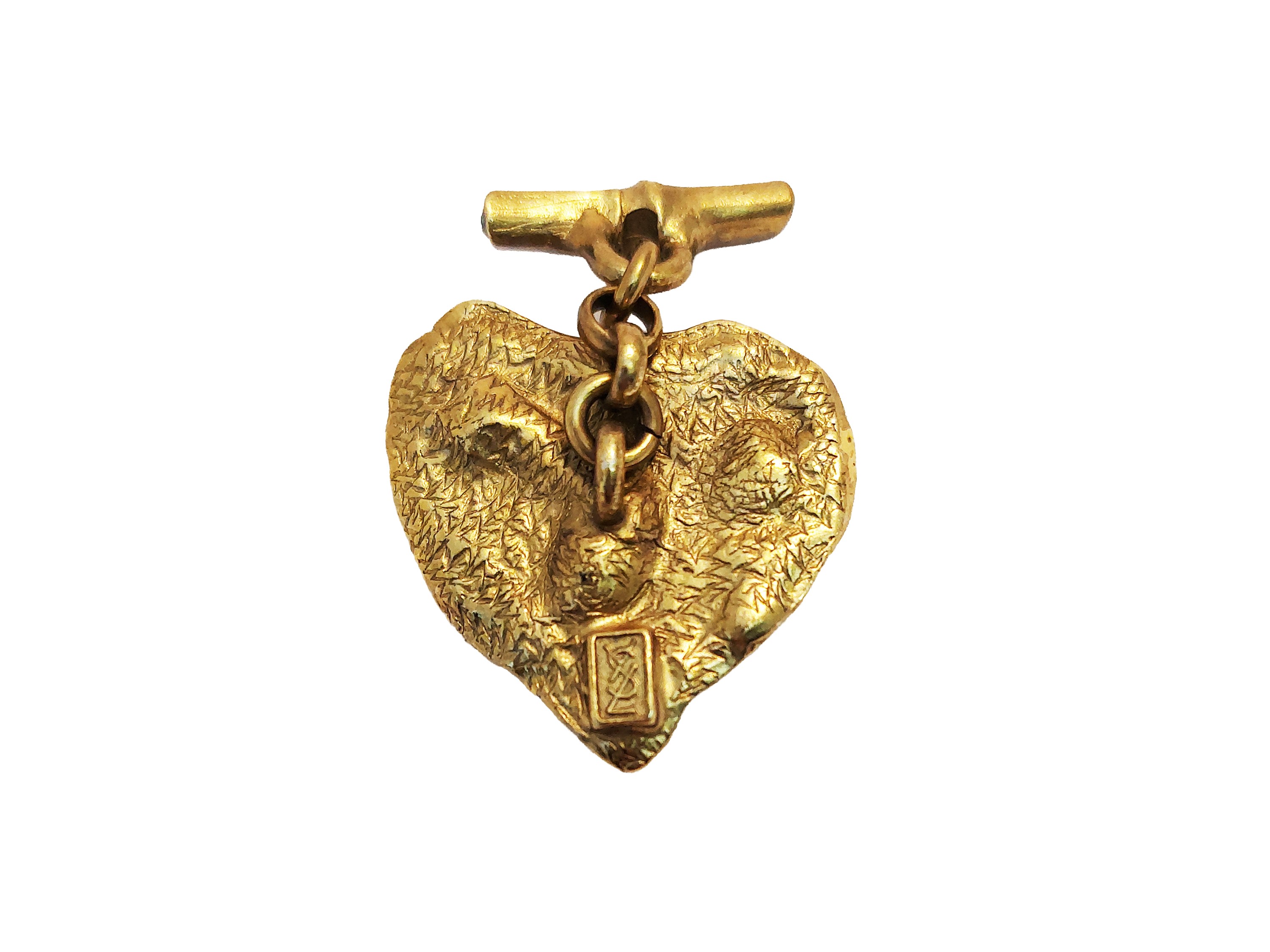 YSL, Gemelli in ottone dorato a forma di cuore con strass blu