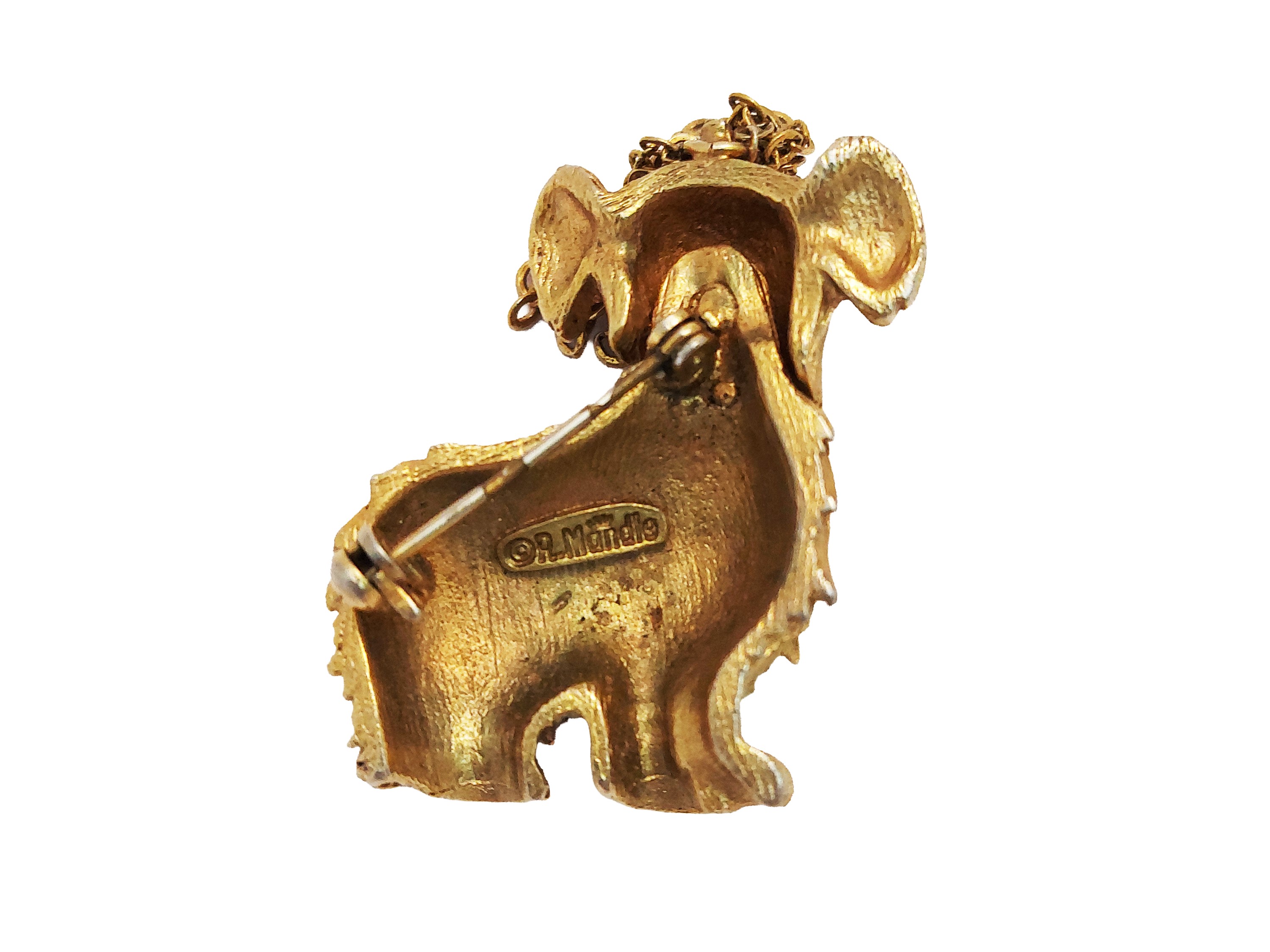 R. Mandle, Spilla animalier a forma di cane, metallo golden tone