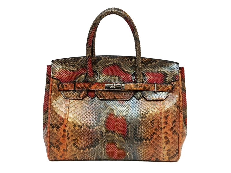 Borsa stile Birkin in pitone multicolor, fodera in suede e tracolla removibile