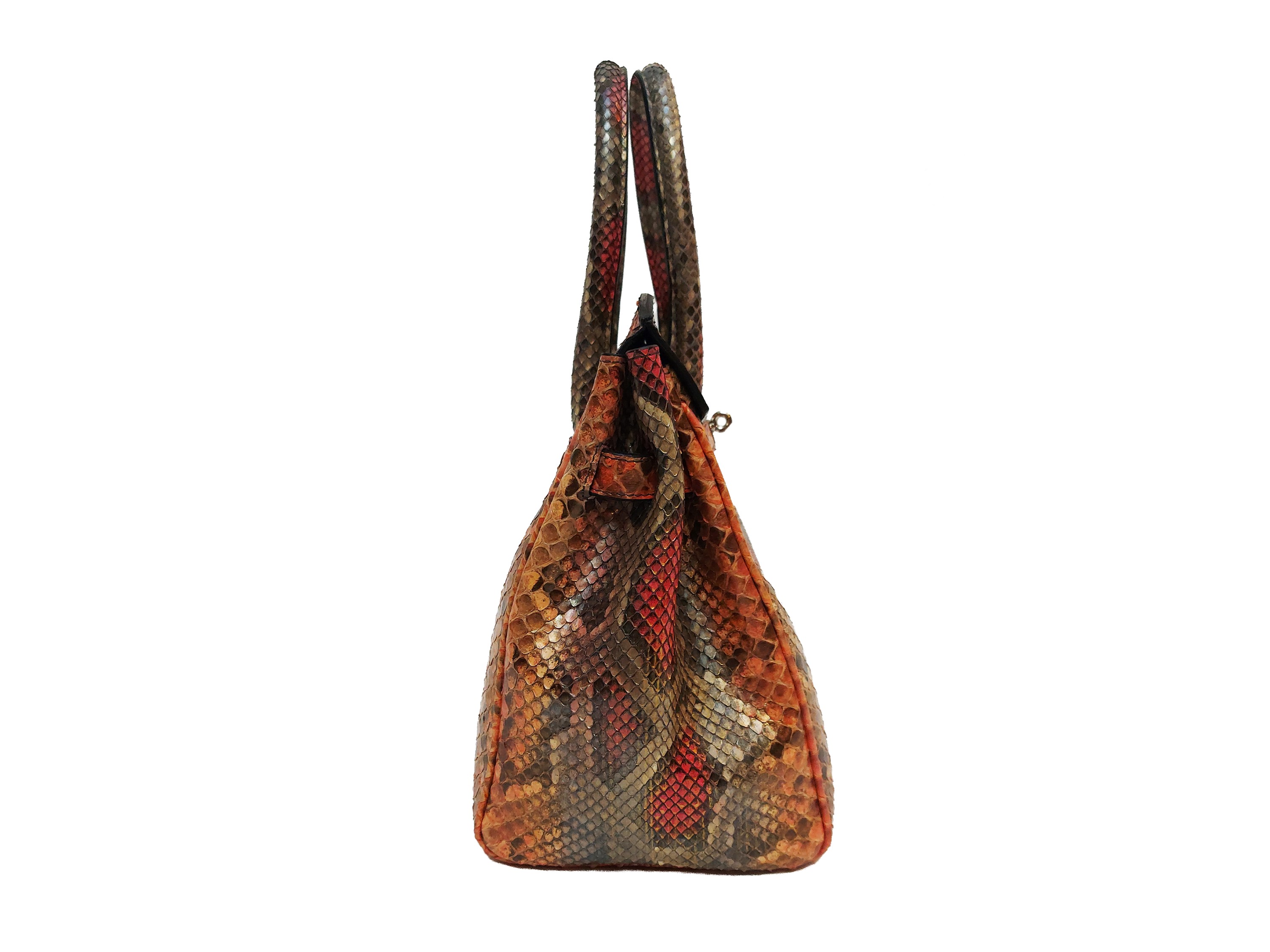Borsa stile Birkin in pitone multicolor, fodera in suede e tracolla removibile