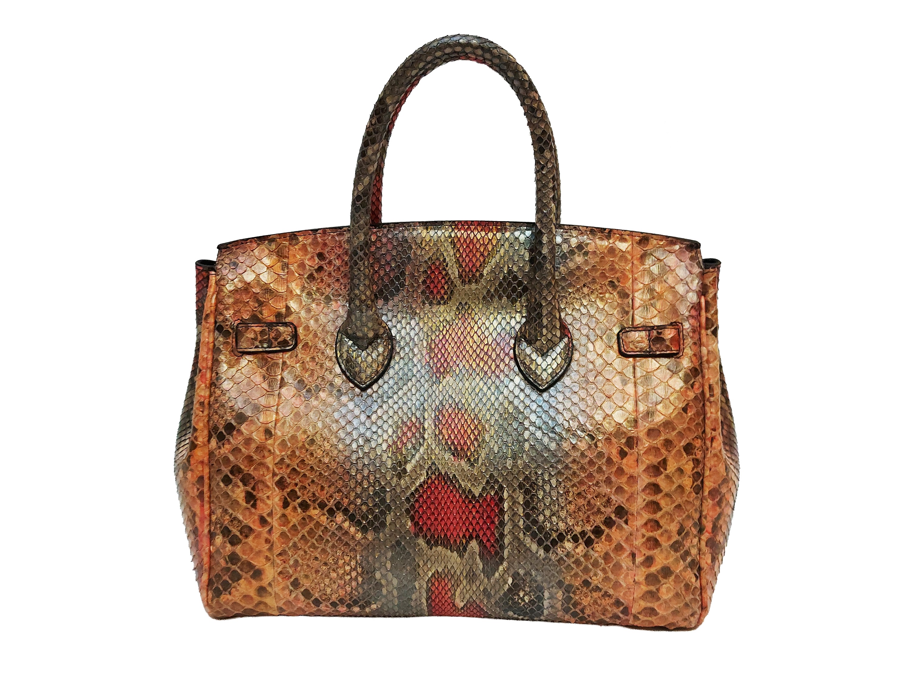 Borsa stile Birkin in pitone multicolor, fodera in suede e tracolla removibile
