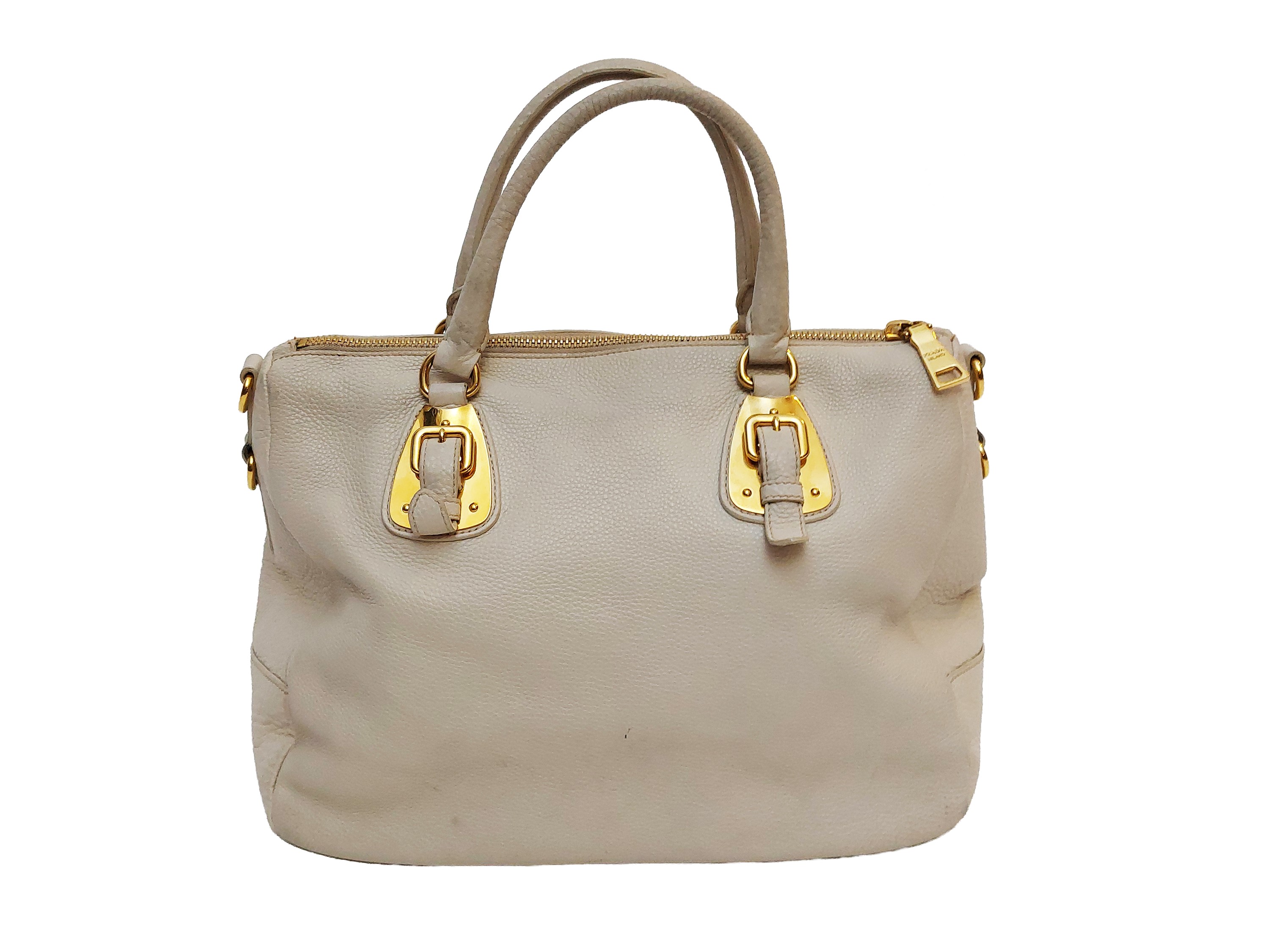 Prada, Borsa in pelle martellata color riso con tracolla removibile