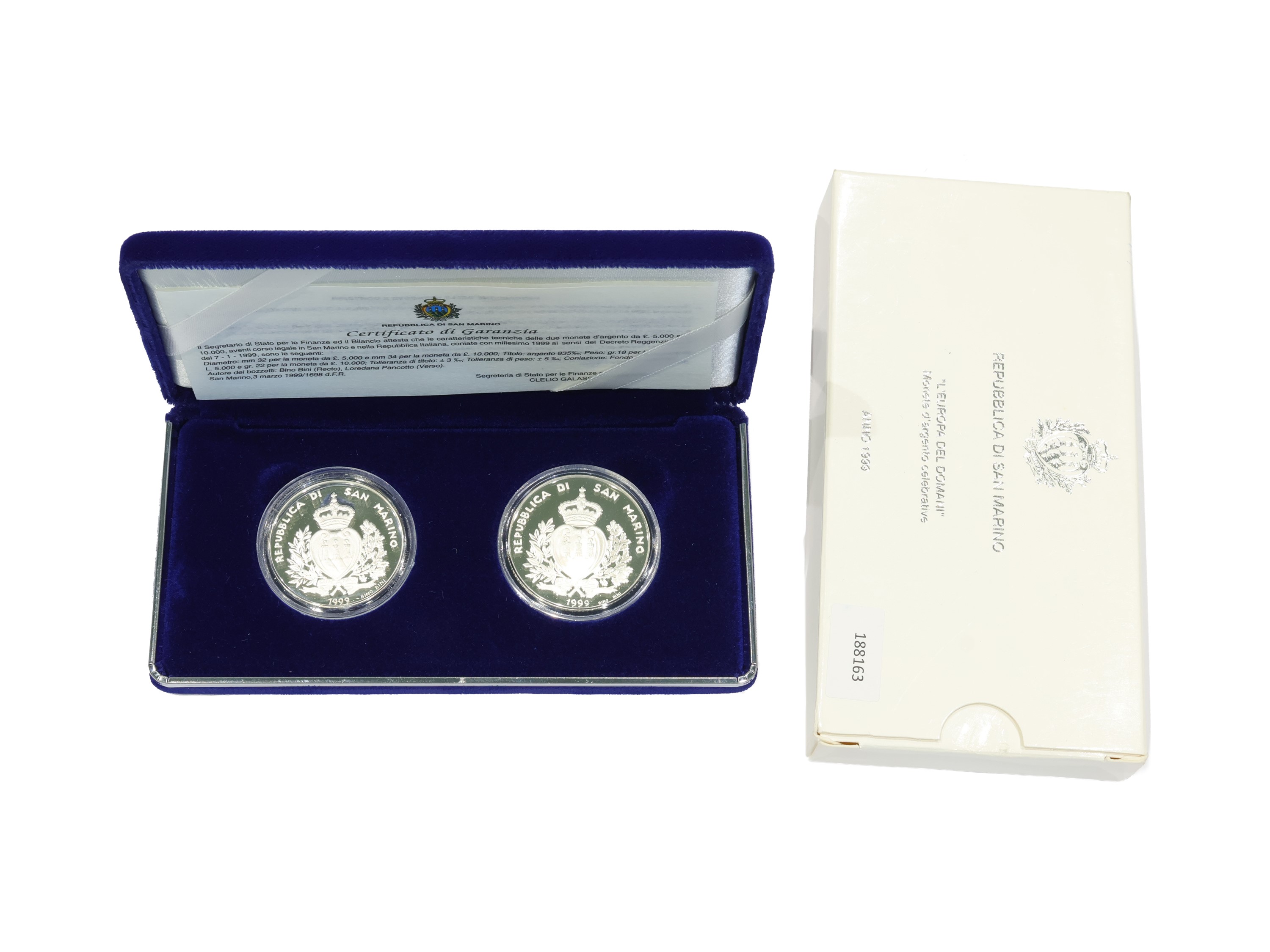 Repubblica di San Marino, Due monete commemorative in argento 835/1000 (proof) 1999, Fondo Specch...