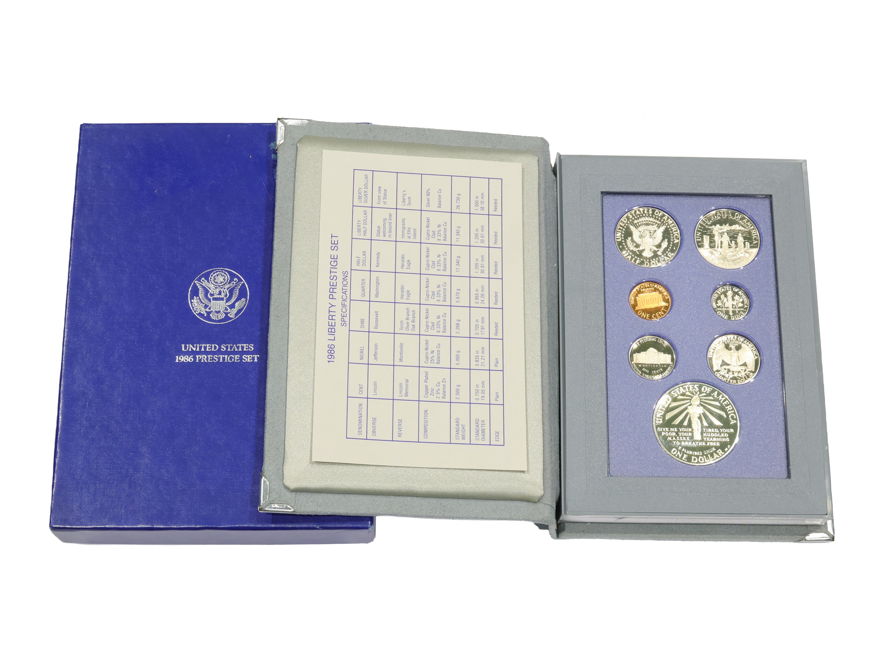 Liberty Prestige set, USA 1986, dollaro Liberty in argento 900/1000 (set da 7 monete)