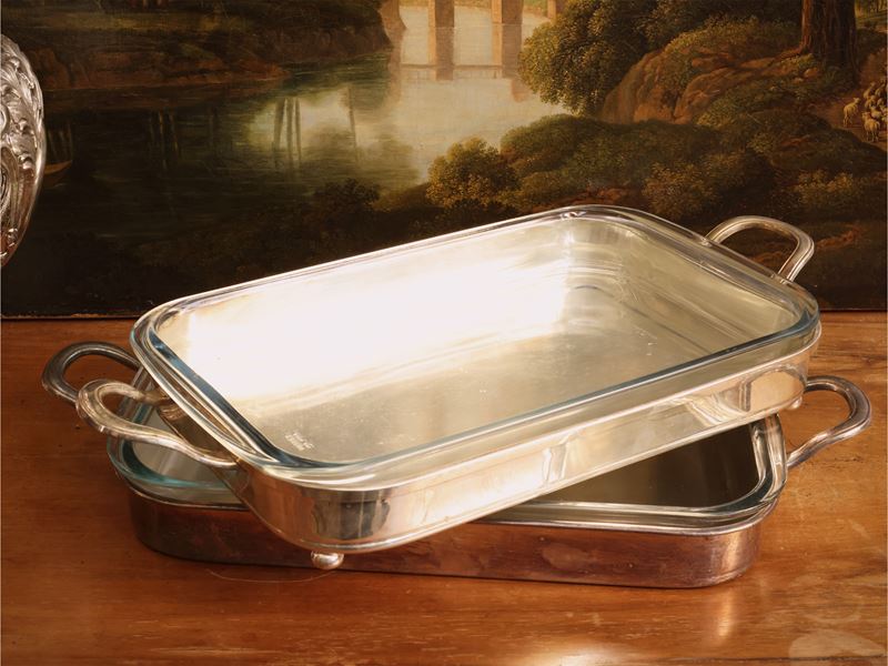 Pirofile in metallo argentato, coppia con interno in vetro Pyrex