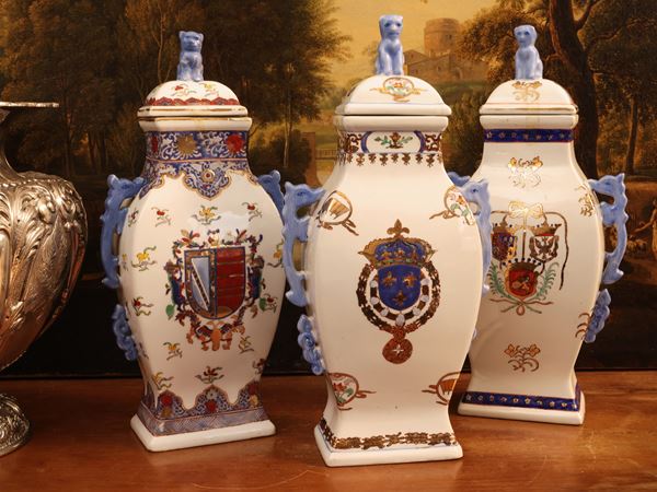 Series of three decorative potiche vases in porcelain