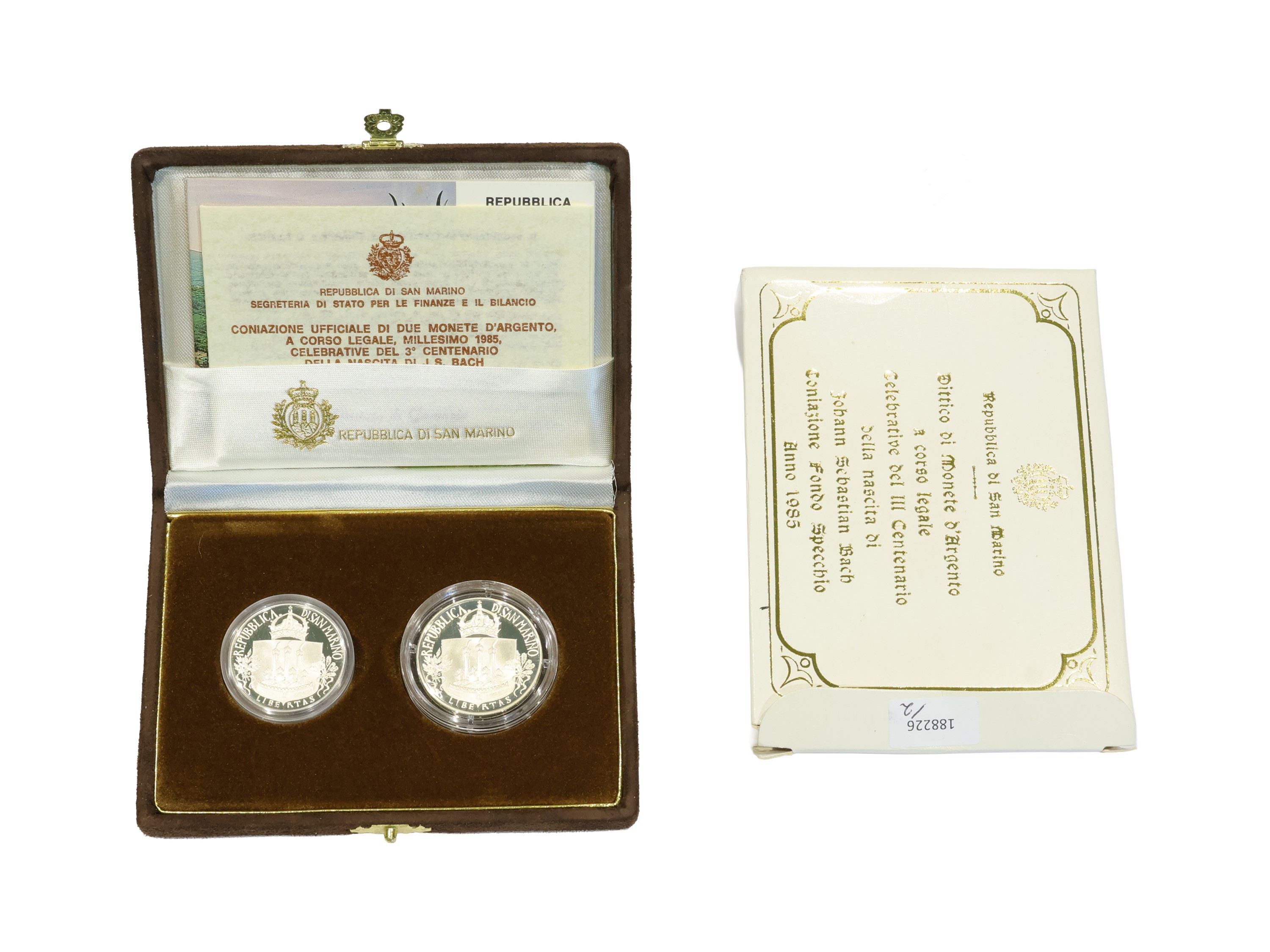Repubblica di San Marino, Dittico di monete in argento Proof (L. 500 e L. 1.000), corso legale