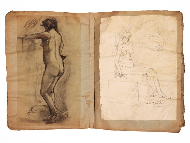 Disegni accademici di nudi femminili, tecniche varie (matita, sanguigna, carboncino)