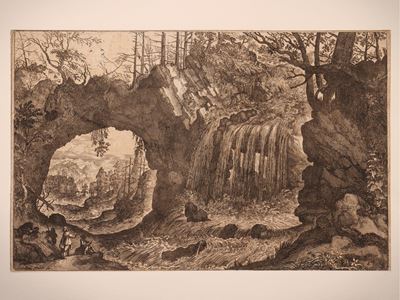 Paesaggio con cascata e arco naturale, acquaforte