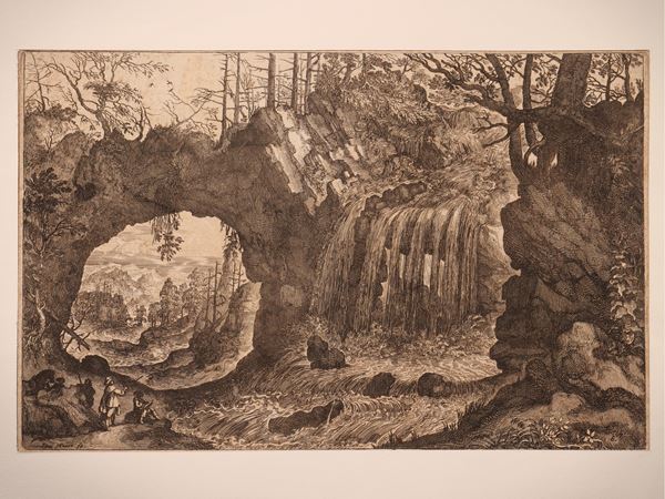 Landscape with waterfall and natural arch