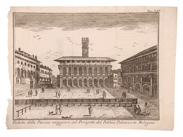 View of the Piazza Maggiore with the view of the Public Palace in Bologna