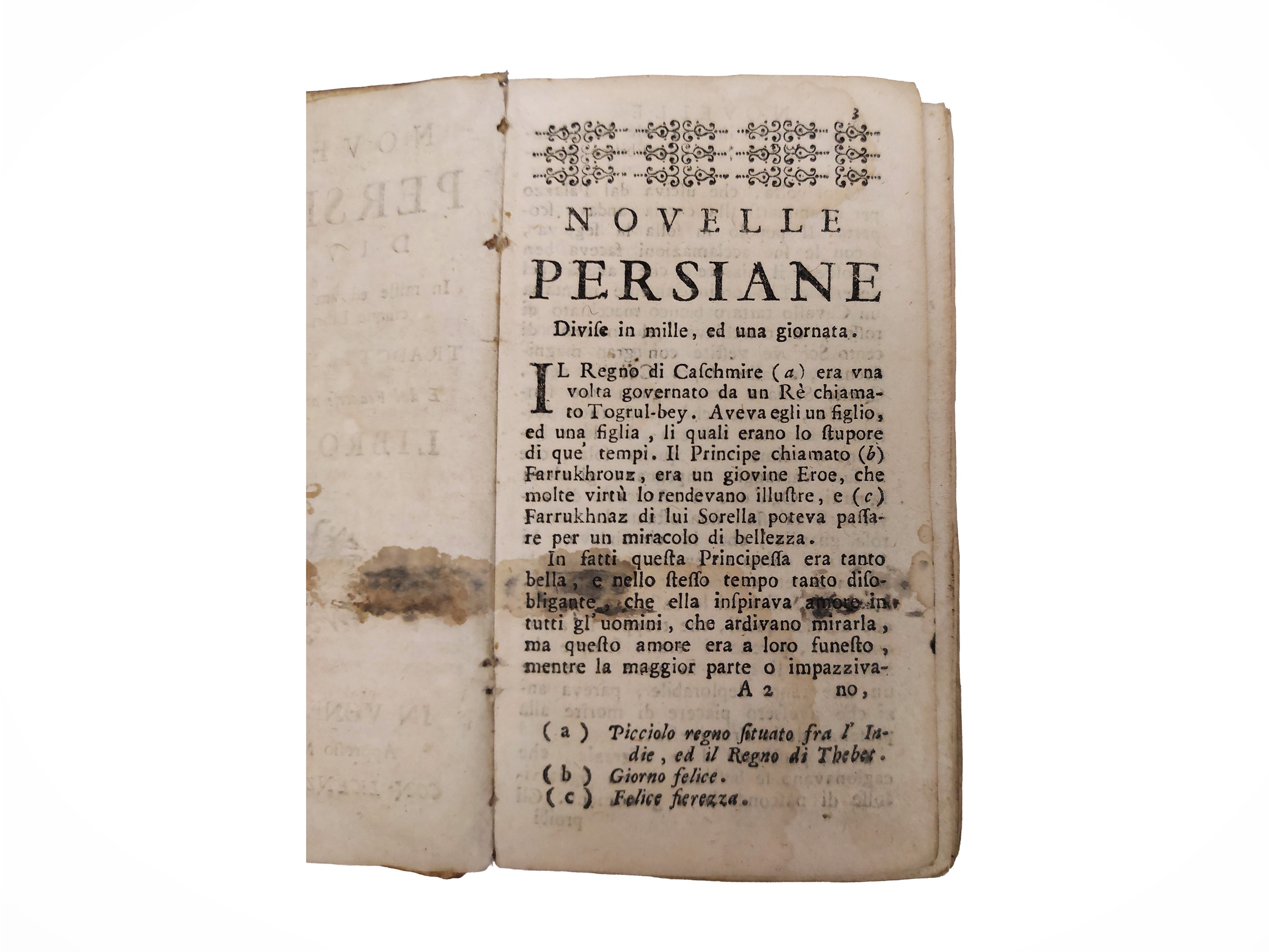 Novelle persiane, due libri in edizioni diverse (Venezia 1752; Bassano, Remondini, s.d.), in-12°
