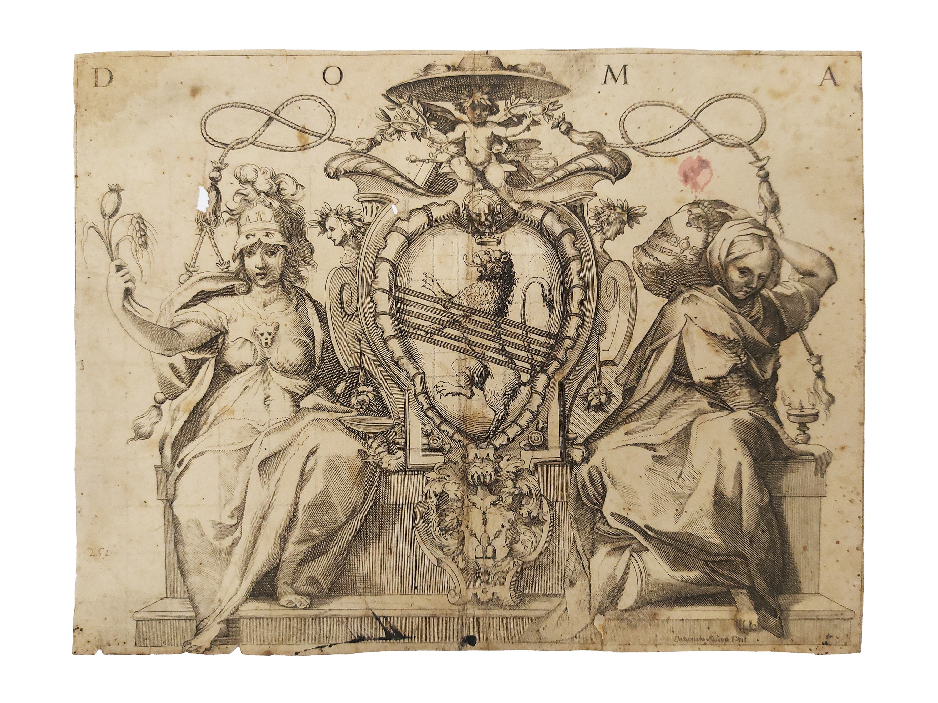 Domenico Falcini, Due incisioni con stemma e figure sacre e allegoriche