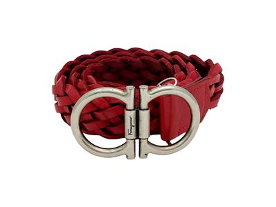 Ferragamo, Cintura in pelle intrecciata rossa con fibbia in metallo argentato