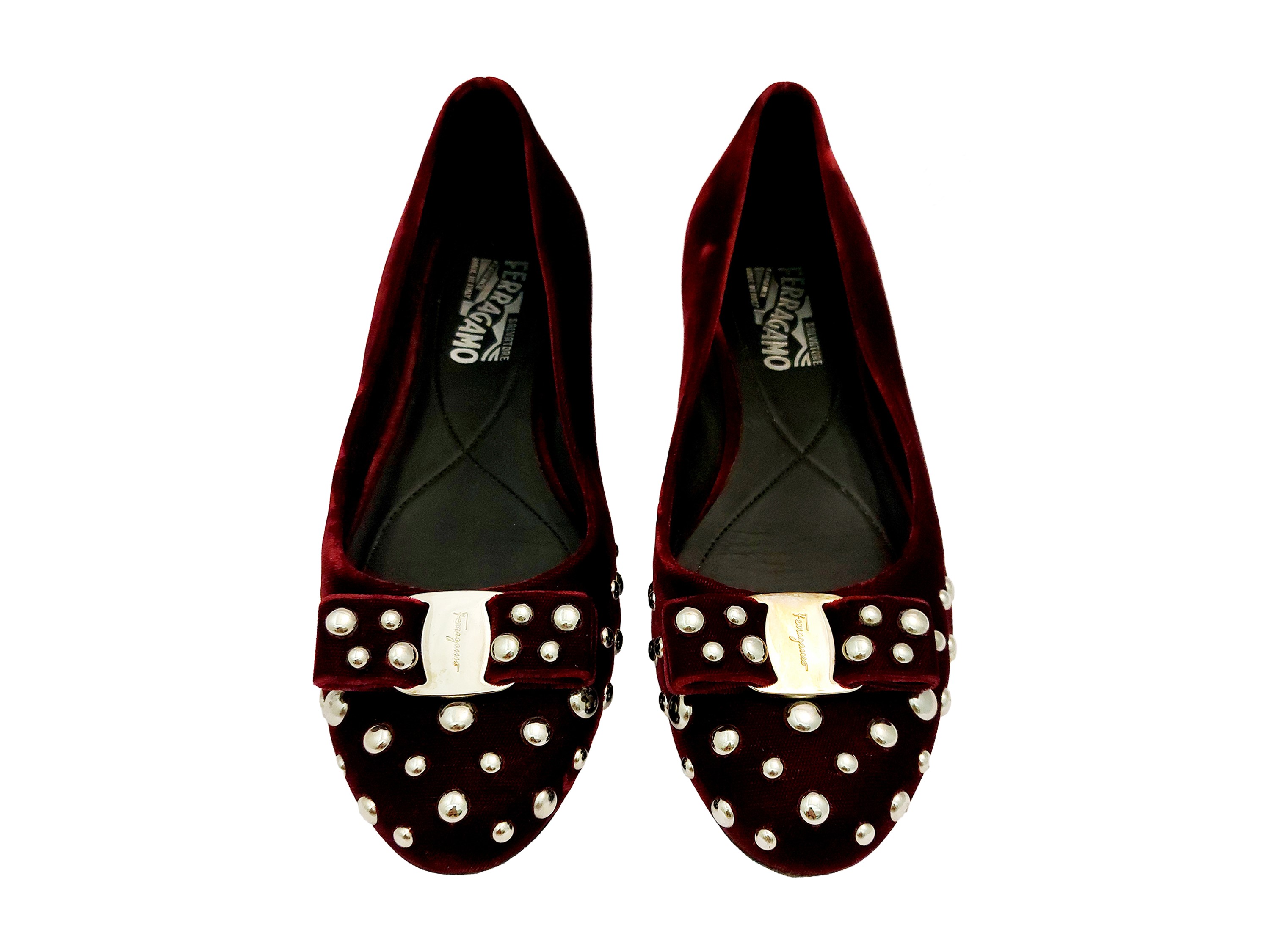 Ferragamo, Ballerine in velluto bordeaux con borchie