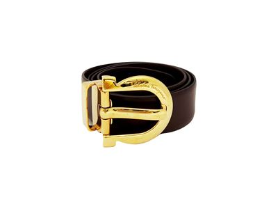 Ferragamo, Cintura in pelle prugna con fibbia a logo in ottone dorato