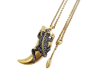 Roberto Cavalli, Collana animalier in metallo dorato con pendente a corno e geco in strass