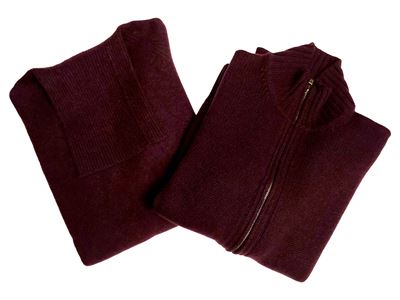Loro Piana, Twin set in cashmere vinaccia (cardigan con zip e collo alto)