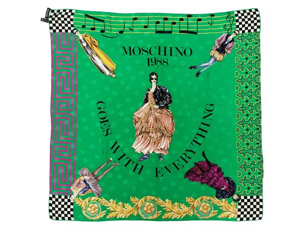 “Moschino 1988 Goes with Everything” jacquard silk scarf