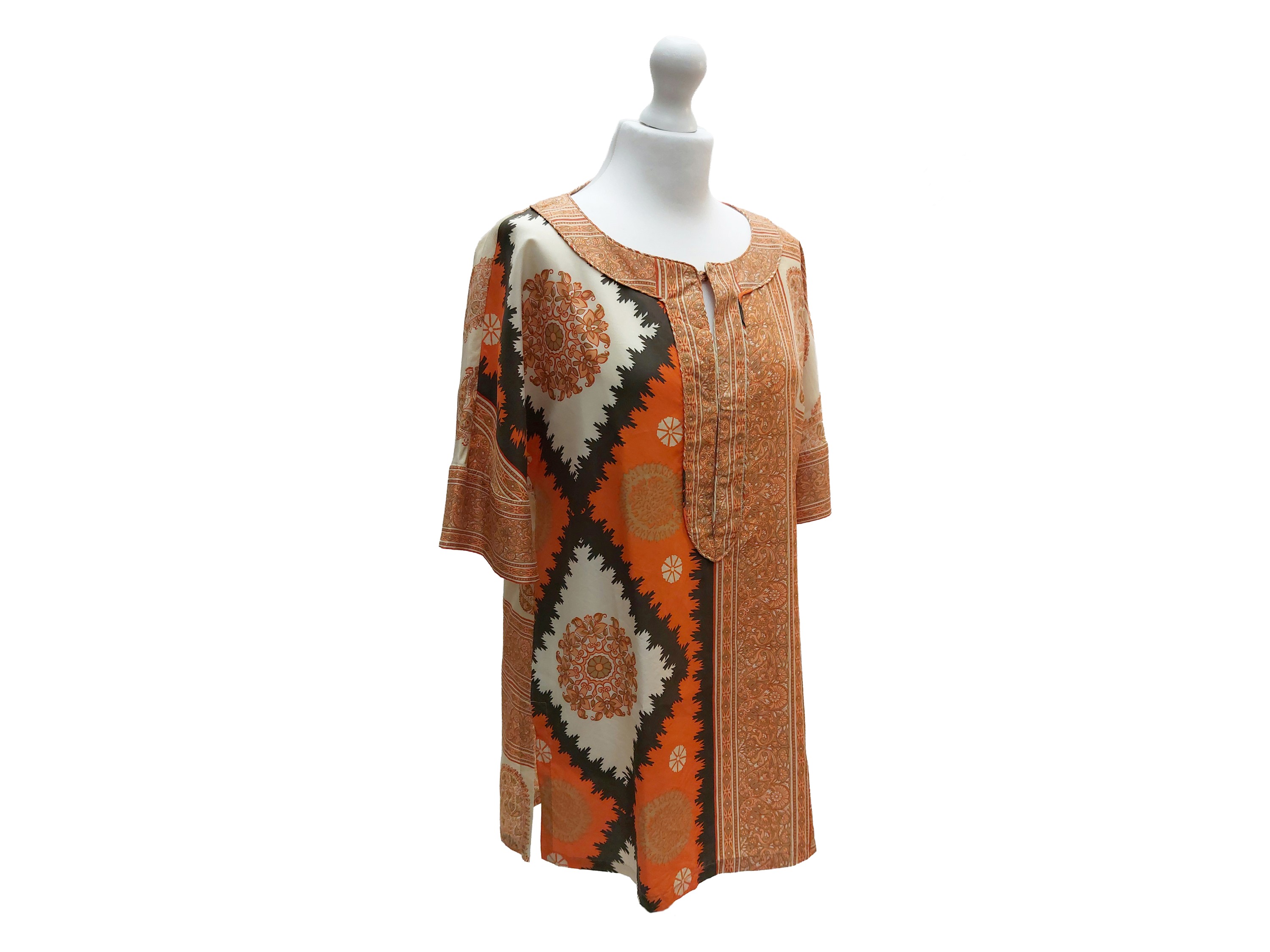 Max Mara, Blusa in seta modello caftano a maniche corte con motivi etnici e paisley