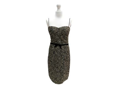 Badgley Mischka, Abito da cocktail nero e oro in tessuto bouclé con lurex