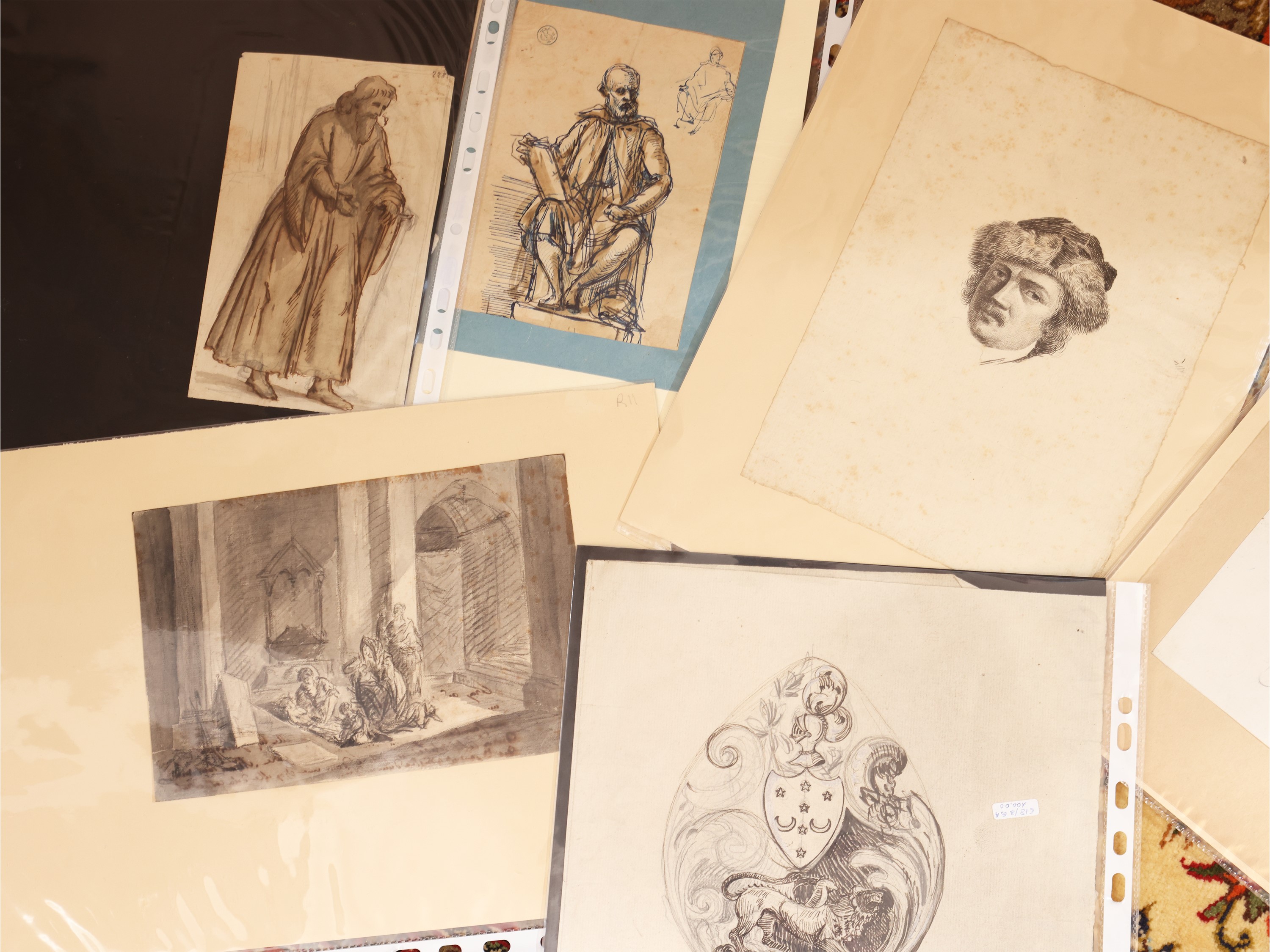 Raccolta di studi e schizzi a tecnica mista su carta (XIX/XX secolo), con firme tra cui Seve Sosp...