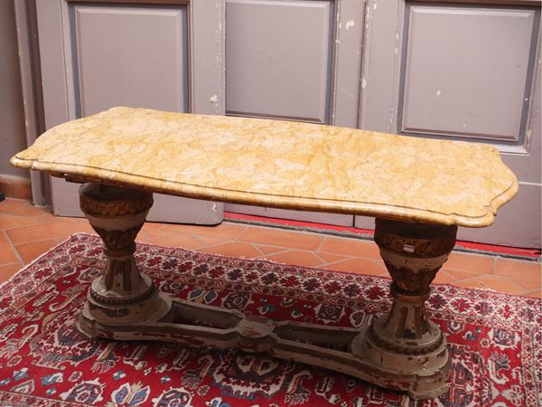 Low coffee table in aqua green and golden lacquered wood