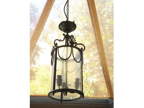 Lampadario a lanterna in vetro e metallo brunito