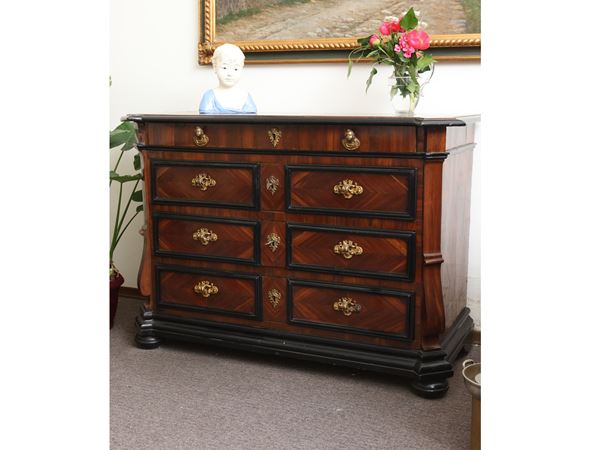 Chest of drawers veneered in walnut, walnut feather and other essences
