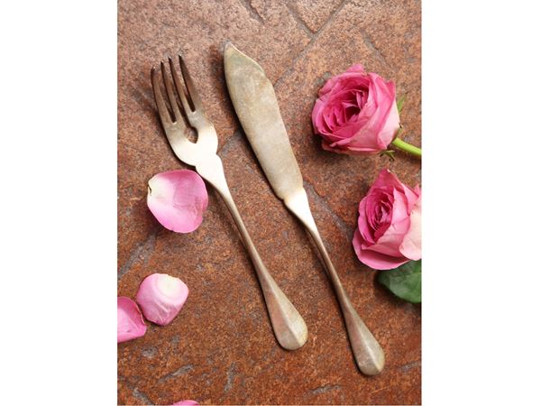 Fish cutlery set in silver metal, Broggi