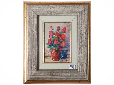 Rose e gladioli. Coppia di dipinti a olio su faesite e tavoletta