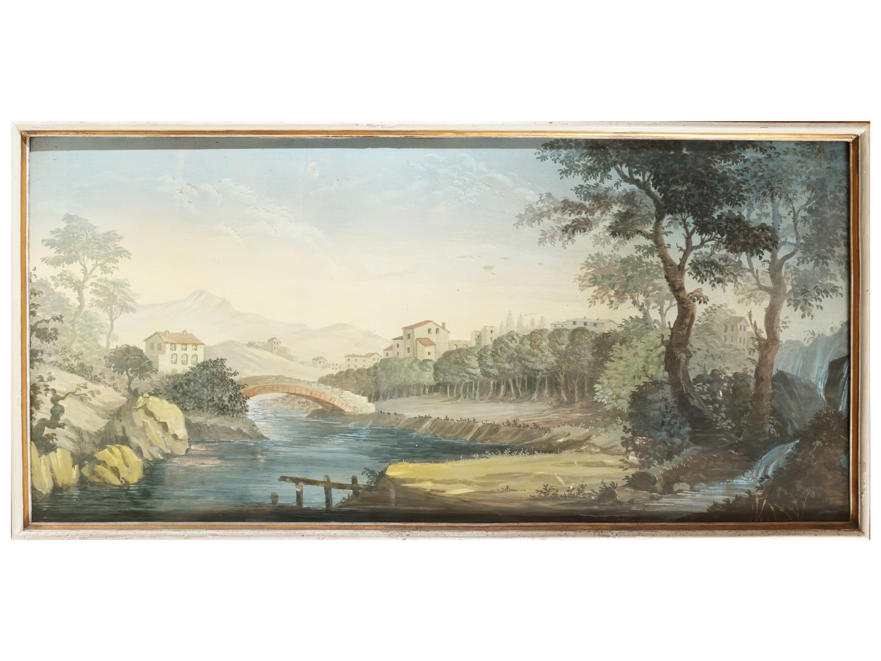 Scuola Emiliana - Paesaggi fluviali (coppia di dipinti a tempera su tavoletta, fine XIX secolo)