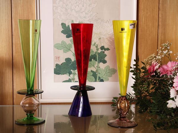 Tre calici da collezione in vetro multicolore, Carlo Moretti