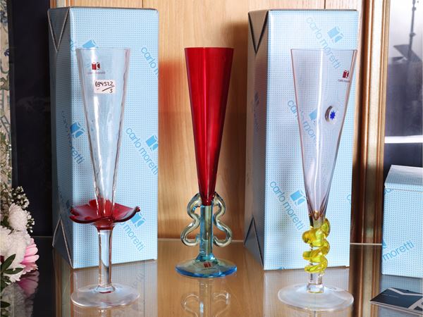 Three collectible glasses in multicolored glass, Carlo Moretti