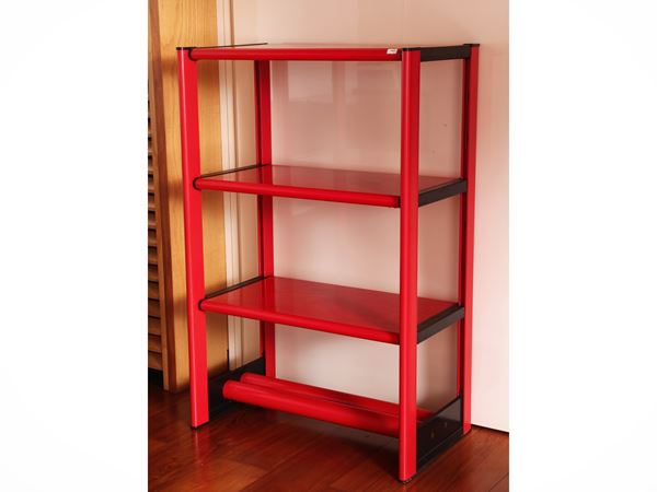Red lacquered metal shelf