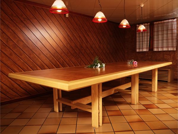 Large dining table in olive wood and other essences