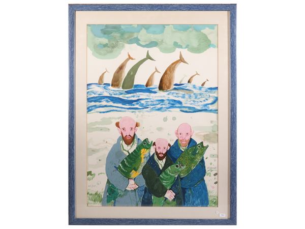 Three characters in a seascape