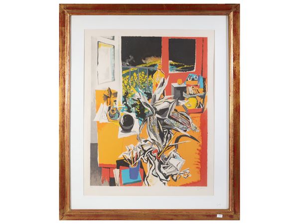 Renato Guttuso : Still life in an interior  - Auction Works on Paper - Maison Bibelot - Casa d'Aste Firenze - Milano