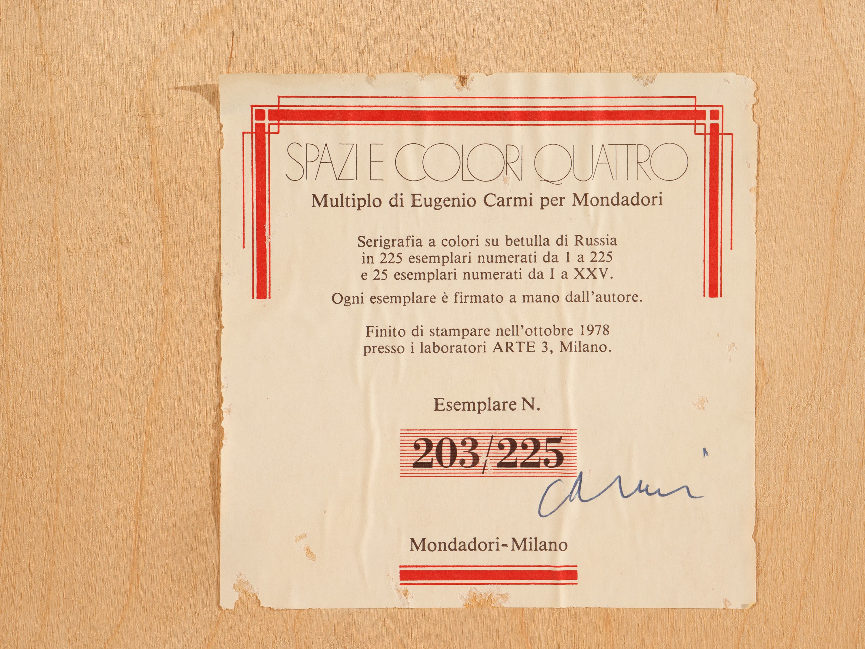 Eugenio Carmi - Serigrafia su tavoletta, cartiglio “Spazio e colori quattro”