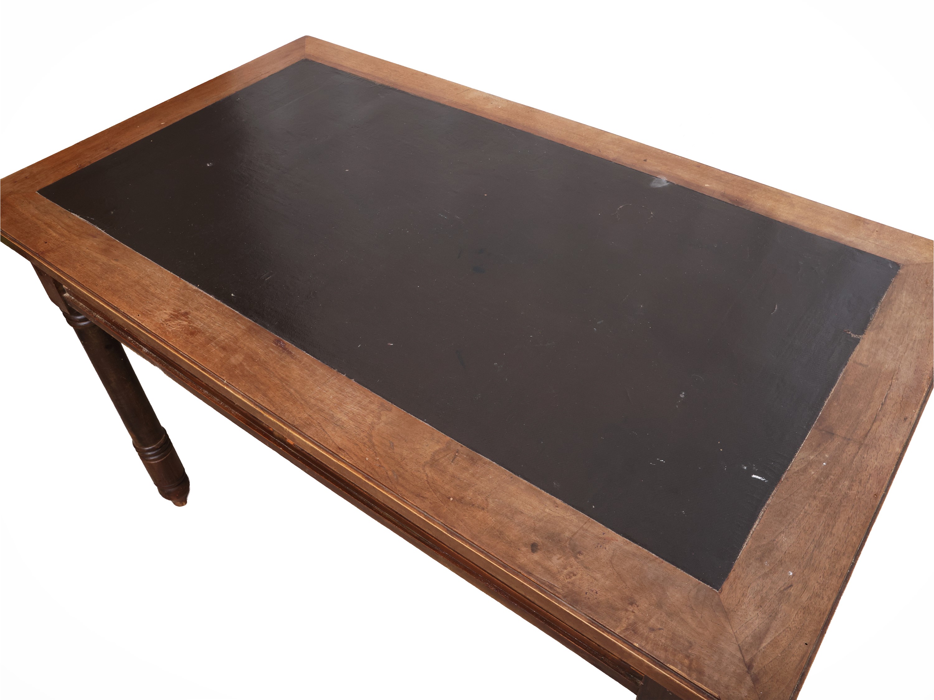 Tavolo scrittoio in noce, piano rivestito in cuoio blu scuro