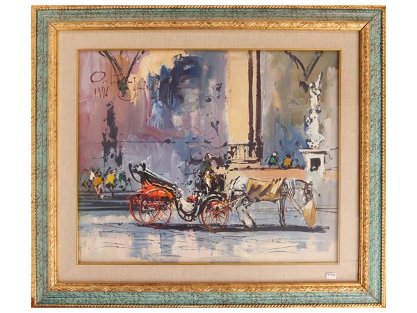 Michele Ortino : Veduta della Loggia dei Lanzi con carrozza 1976  - Asta Luce di Toscana. Maestri del Novecento - Maison Bibelot - Casa d'Aste Firenze - Milano