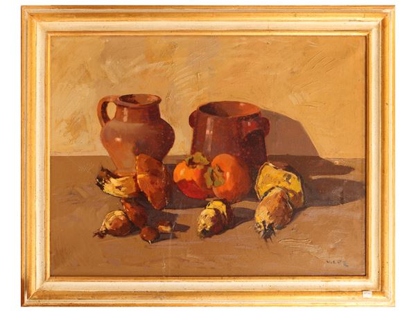 Angiolo Volpe : Still life with diospers and mushrooms  - Auction Light of Tuscany. Masters of the Twentieth Century - Maison Bibelot - Casa d'Aste Firenze - Milano