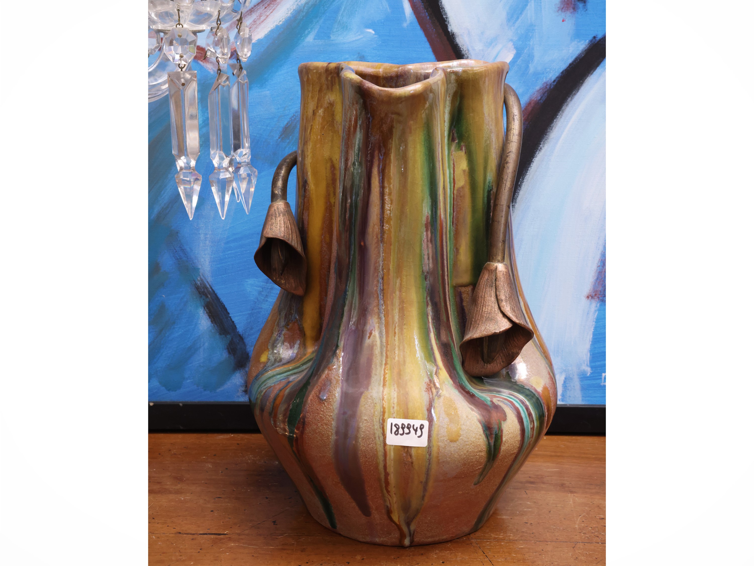 Vaso in terracotta decorata a colaggio, con tralci floreali in metallo, anni Quaranta