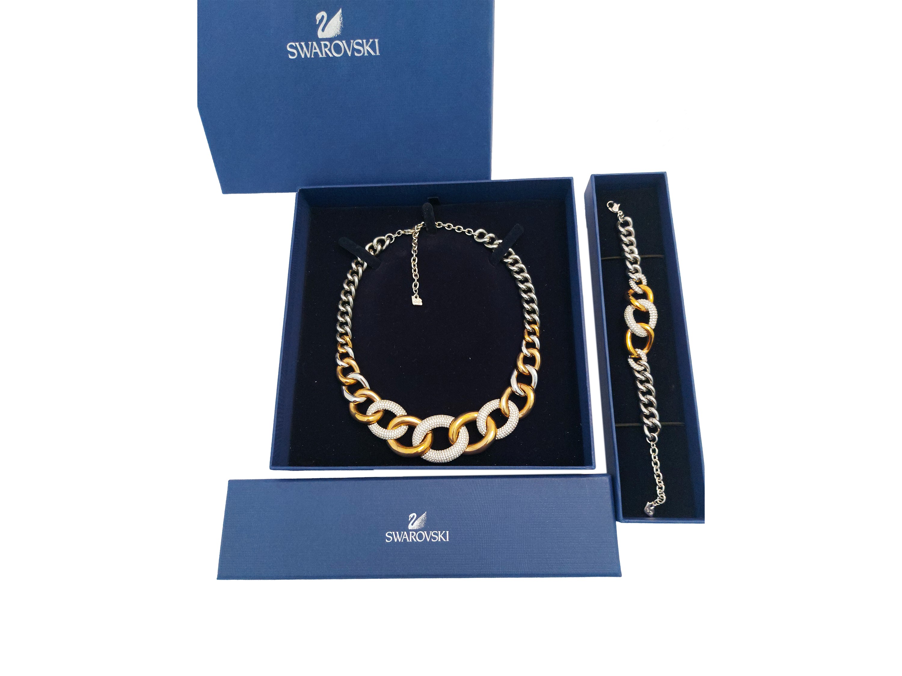 Swarovski, Demi parure con catena e bracciale Bound, collana e bracciale in metallo placcato pall...