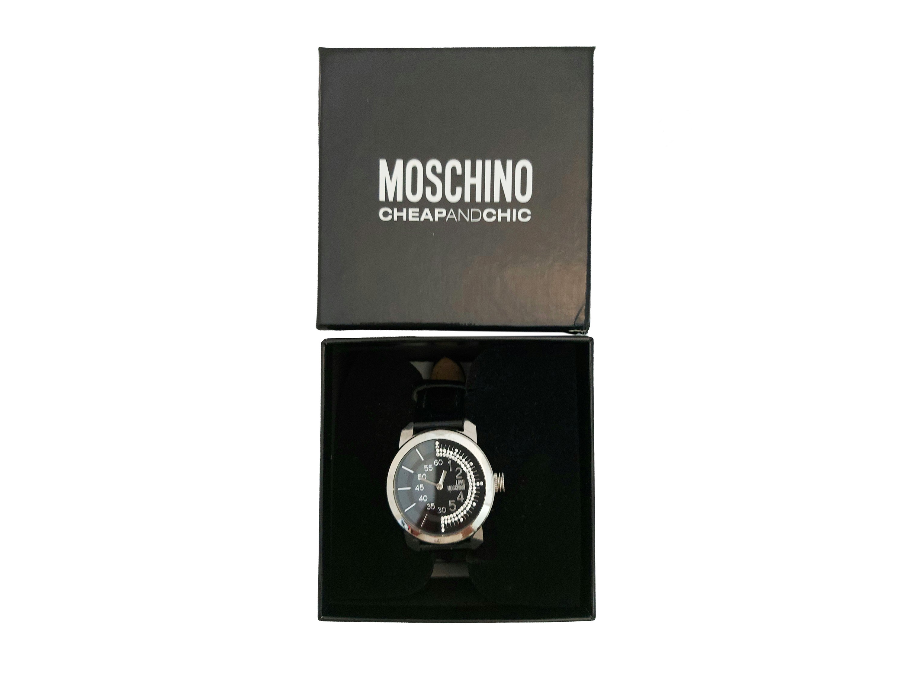 Moschino, Orologio “Tic-Toc” con cassa in acciaio e quadrante nero decorato con strass
