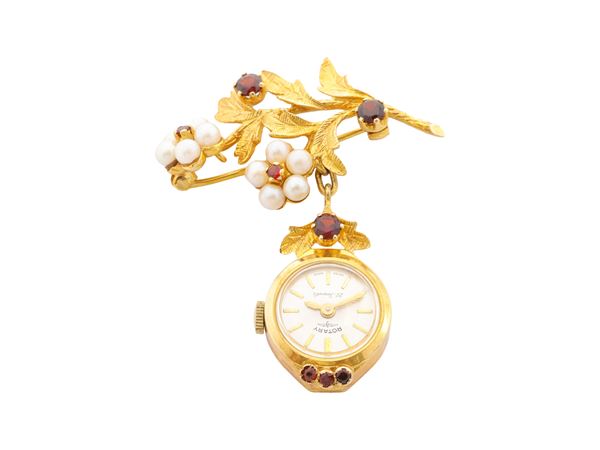 Spilla con orologio pendente in oro 9Kt, granati e perle bianche coltivate