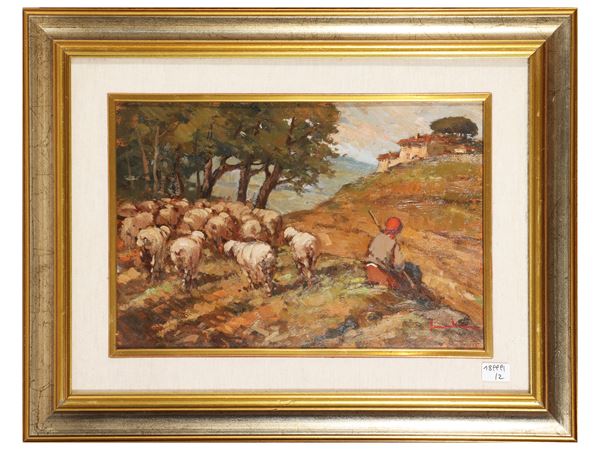 Ernesto Scudiero - Shepherdess with flock and glimpse of a farmhouse