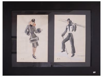 Figurini di moda, cinque disegni a tecnica mista su carta (seconda metà del XX secolo)