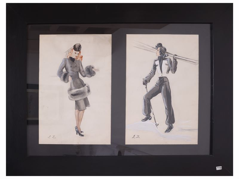 Figurini di moda, cinque disegni a tecnica mista su carta (seconda metà del XX secolo)